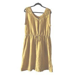 FLAX Vintage Large Soft Yellow 100% Linen V-neck Sleeveless Knee Length Dress
